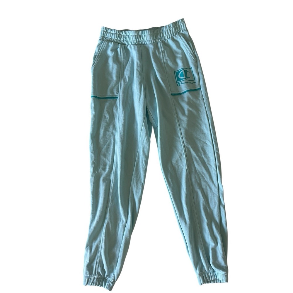 Champion Women's Size M Jogger Pants Turquoise Blue Logo Seam‎ Drawstring